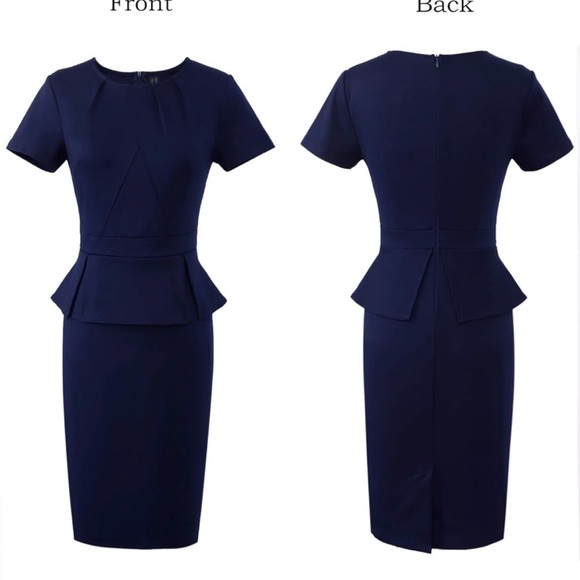 Dress Elegant Navy Blue Peplum Dress Large - Picture 2 of 6
